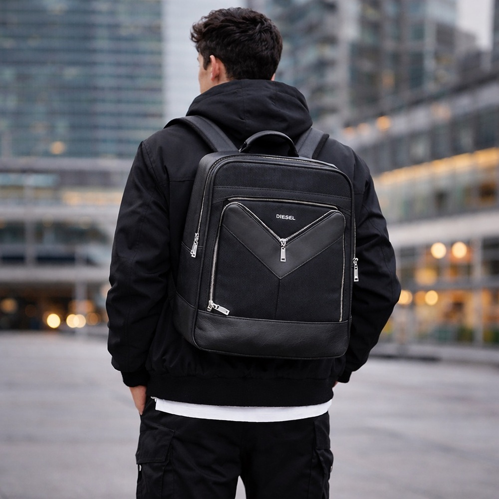 Diesel Men's Black Backpack with Silver Accents